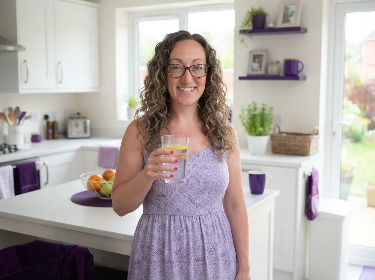 Vrouw met een glas water in een lichte keuken, positieve actieve leefstijl